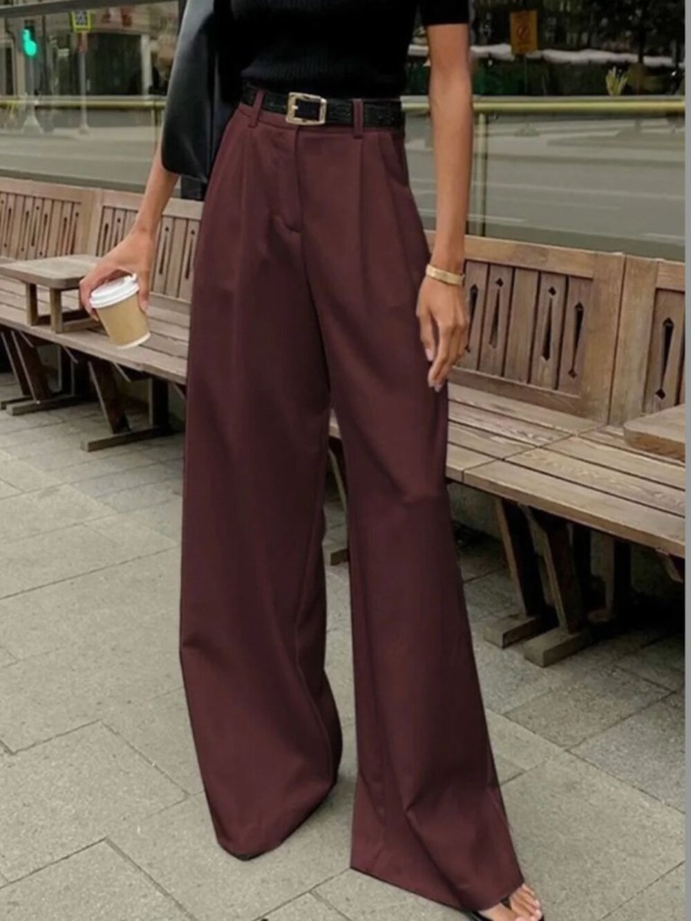 Commense Solid Wide Leg Trouser Pants Burgundy Size L Fall Academia Office